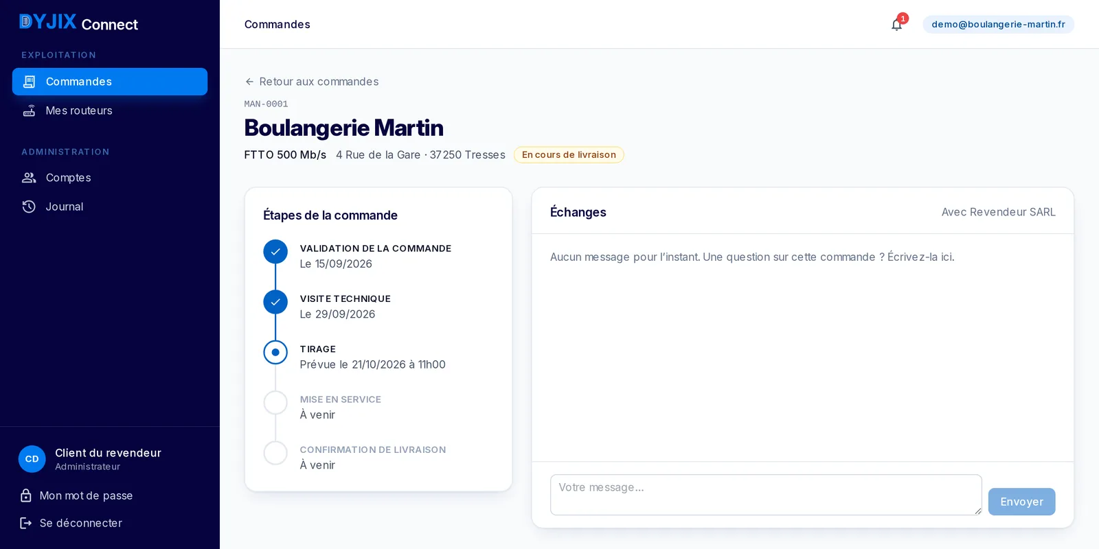 Suivi d'une commande fibre étape par étape dans Dyjix Connect