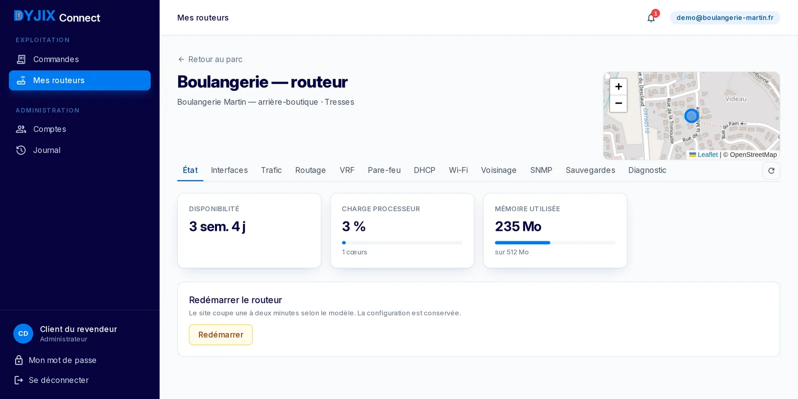 Page d'un routeur dans Dyjix Connect : disponibilité, charge et mémoire