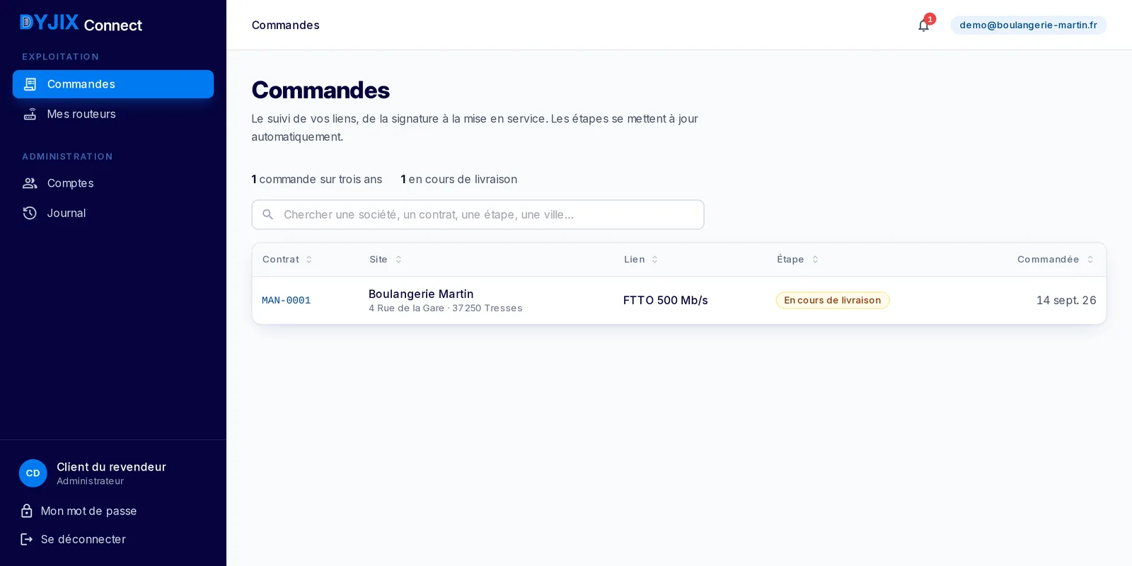 Liste des commandes dans Dyjix Connect